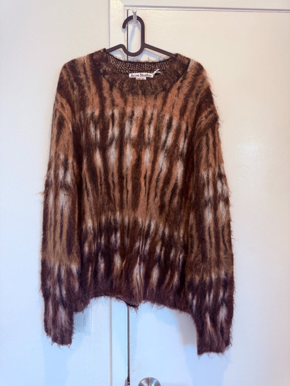 Acne Studios Brown White Striped Fuzzy Mohair Blend Sweater Size L